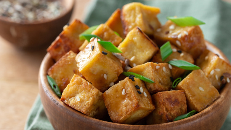 bowl of marinated baked tofu