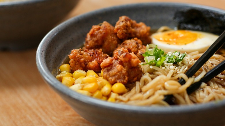 shoyu ramen with chicken, corn, and egg