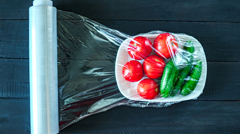 Cling wrap covering vegetables