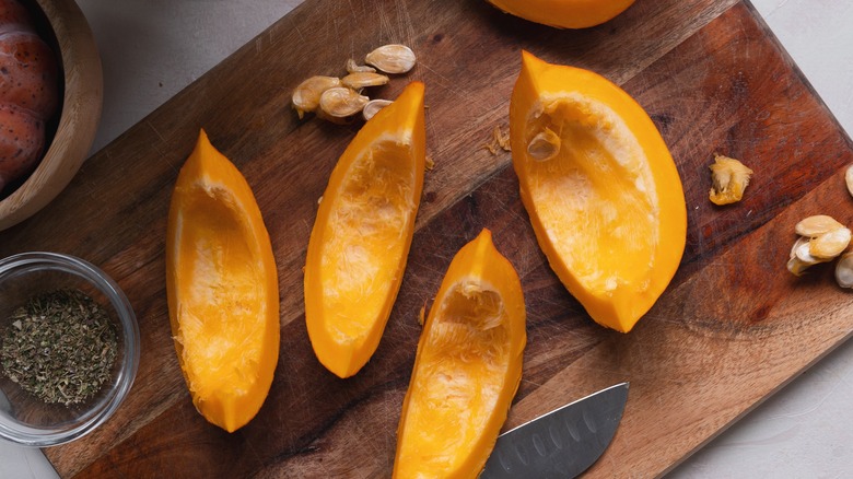 Pumpkin slices on a cutting board