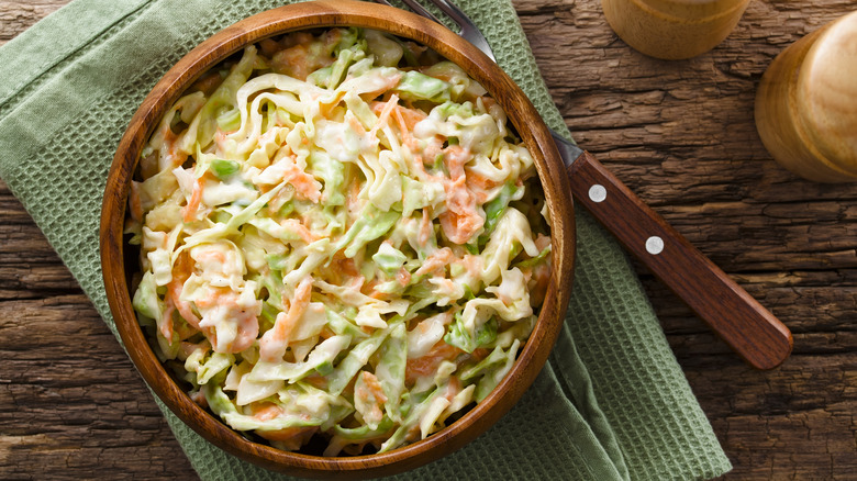 Coleslaw in a brown bowl