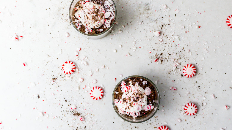 Crushed peppermint on chocolate mousse