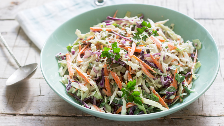 Mayo coleslaw in blue bowl