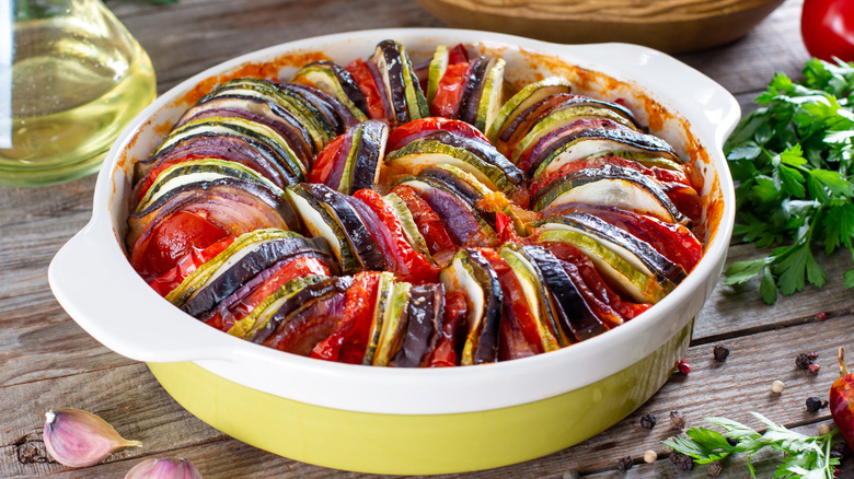 Ratatouille layered in yellow pot 