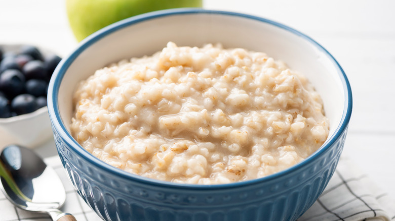 blue bowl of oatmeal