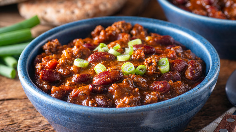 blue bowl of chili