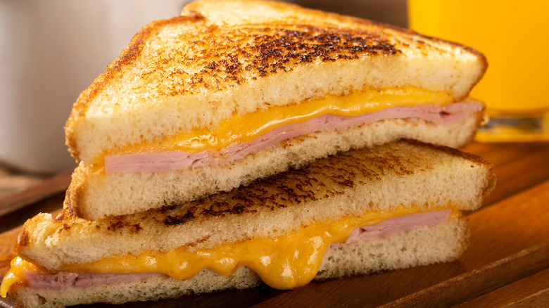 split grilled ham and cheese