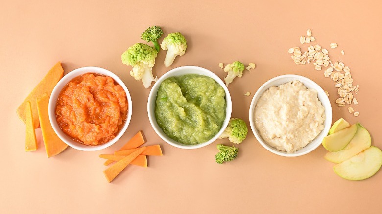 Homemade baby food: carrots broccoli, and apples with oats