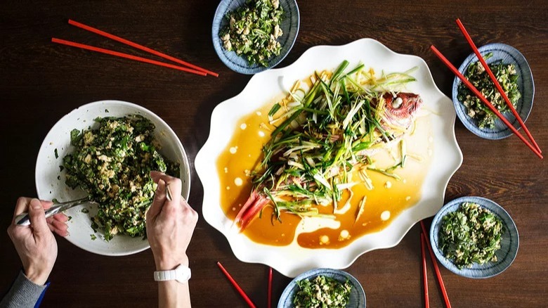 Whole steamed snapper with chrysanthemum and tofu salad 