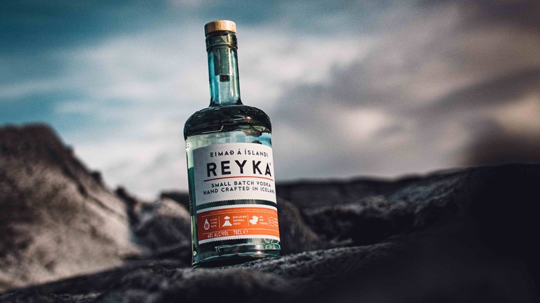 Reyka vodka bottle on rock