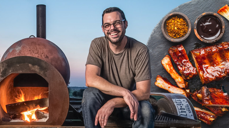 Aaron Franklin smiling next to images of barbecue