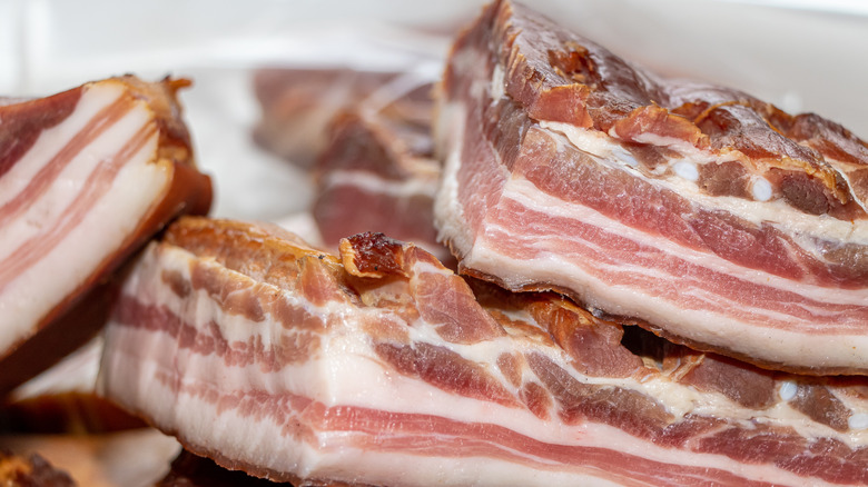 Close-up of raw slab bacon