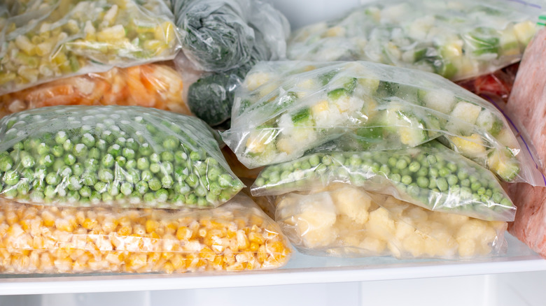 bagged vegetables in freezer