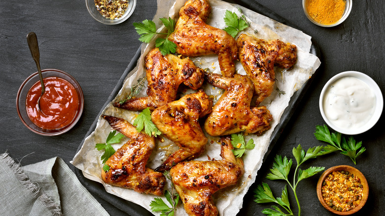 A baking sheet piled high with glazed chicken wings