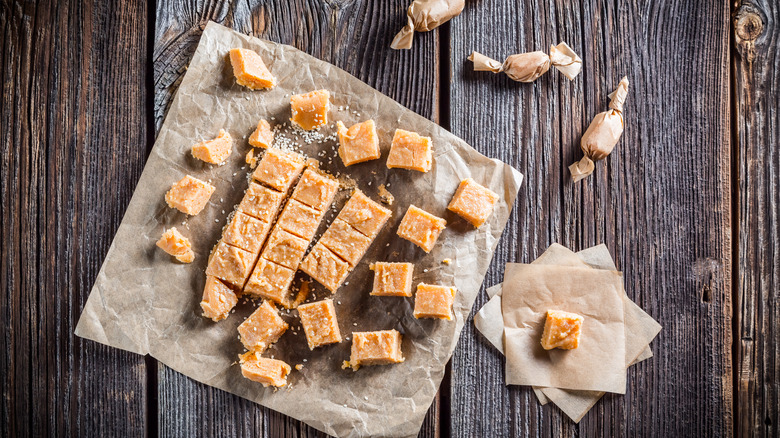 parchment wrapped handmade caramel fudge