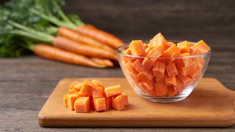 Diced carrots in a bowl