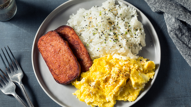 SPAM, eggs, and rice