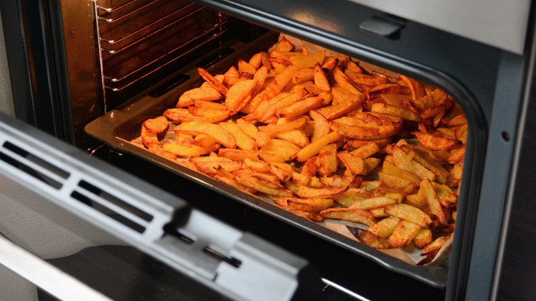 French fries on tray in oven