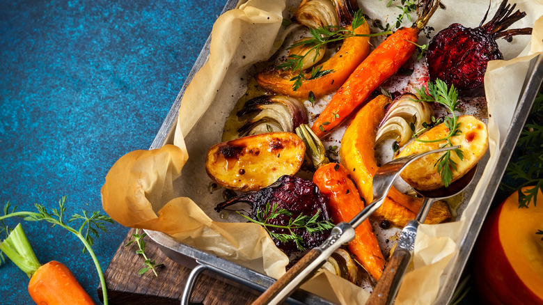 Root vegetables roasted on tray