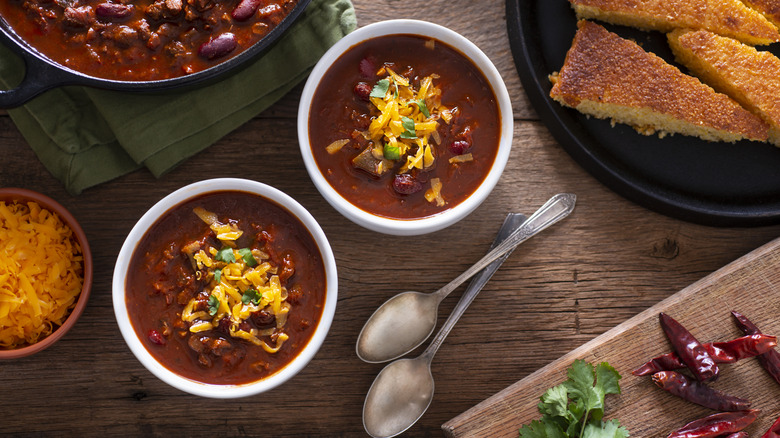 Bowls of chili and cornbread