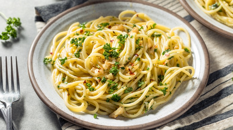 Spaghetti aglio e olio on a plate