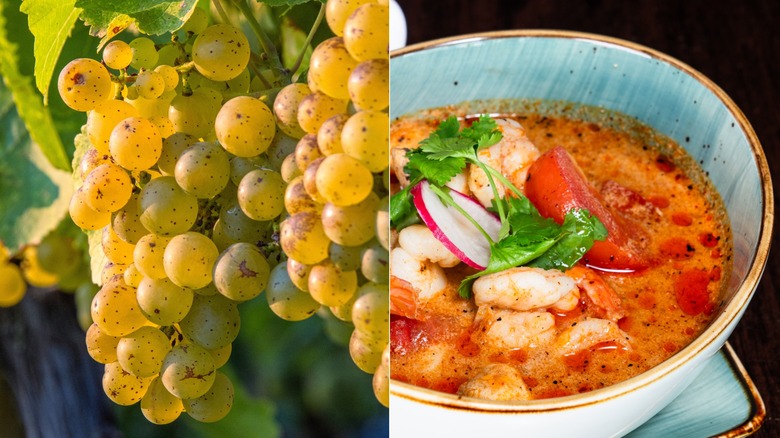 Riesling grapes and a bowl of Tom Yum Goong