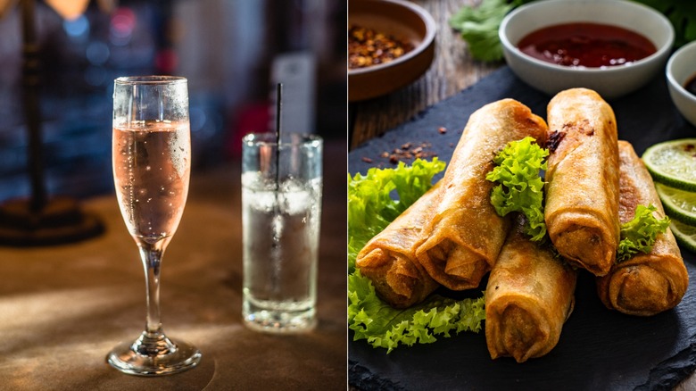 A flute of sparkling rose and fried spring rolls