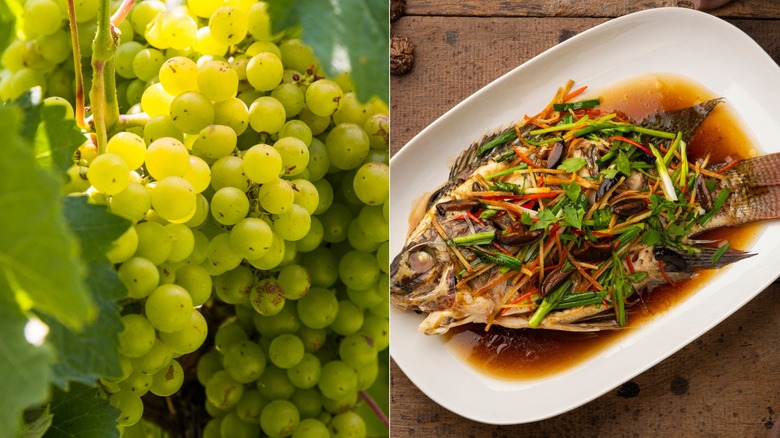 Torrontés grapes and a whole steamed fish with herbs