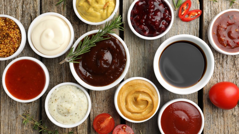 Colorful variety of sauces in ramekins