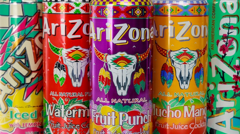 A lineup of different AriZona drinks.