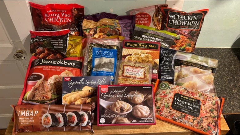 packages of Trader Joe's frozen aisle Asian meals