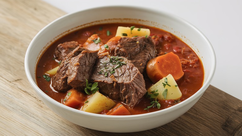 beef vegetable soup white bowl