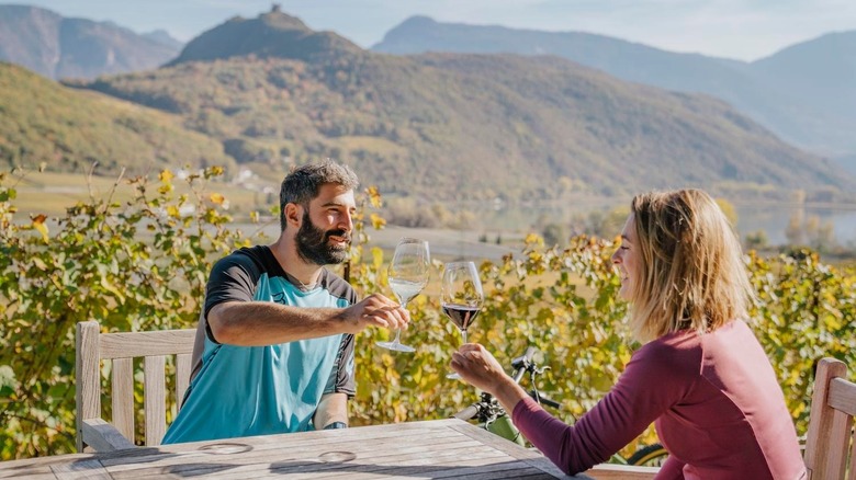 couple clinking glasses at winery