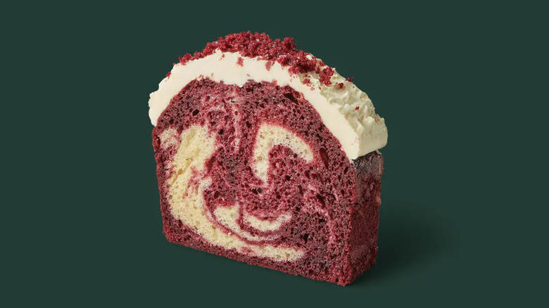 a slice of starbucks' red velvet loaf cake