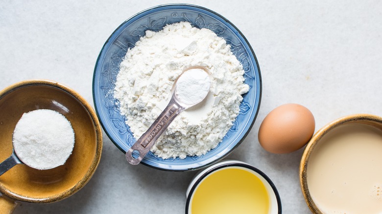 Flour, sugar, eggs, and milk