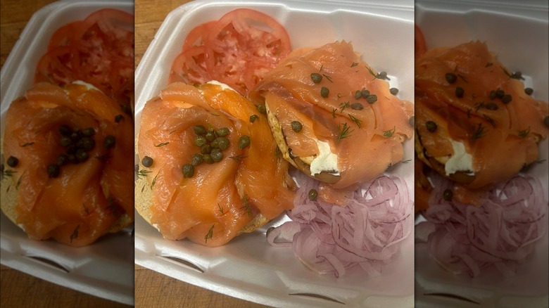 Bagel with capers, lox, tomatoes, and onions