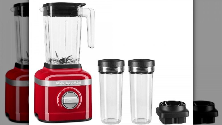 KitchenAid red blender with attachments