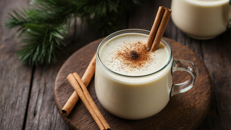 glass of eggnog topped with cinnamon