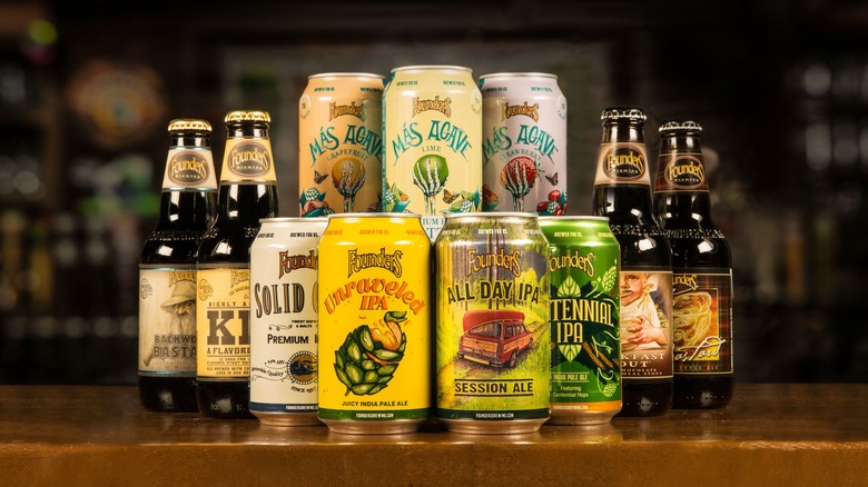 Founders Brewing cans and bottles on counter