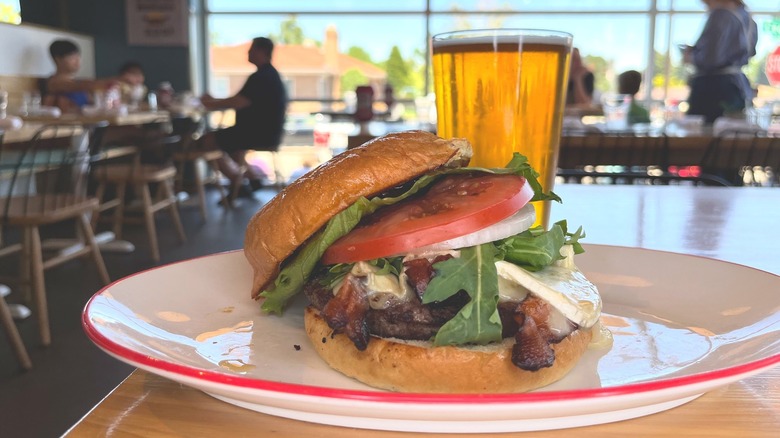 fig cheeseburger with beer