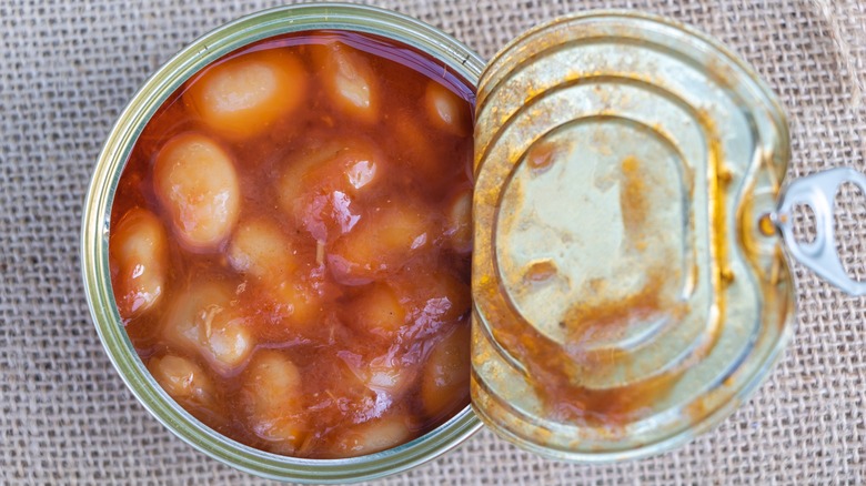 Overhead shot of canned baked beans