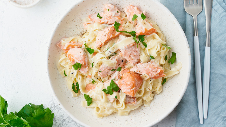 Dish of creamy salmon tagliatelle