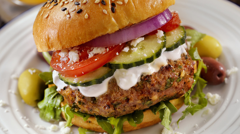 lamb burger with Greek toppings