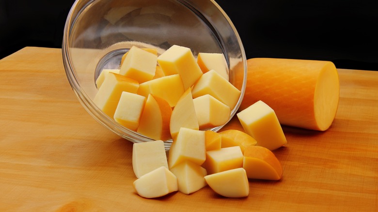 Smoked cheese cut into blocks