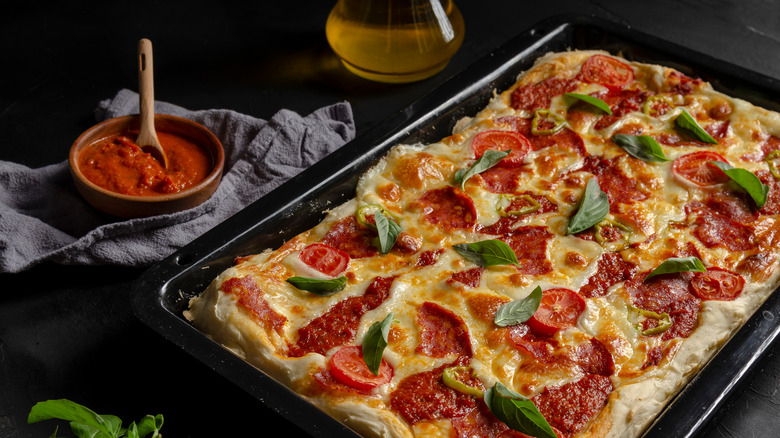 Detroit-style pizza on pan