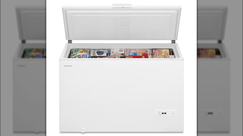 Amana garage ready defrost chest freezer with food inside