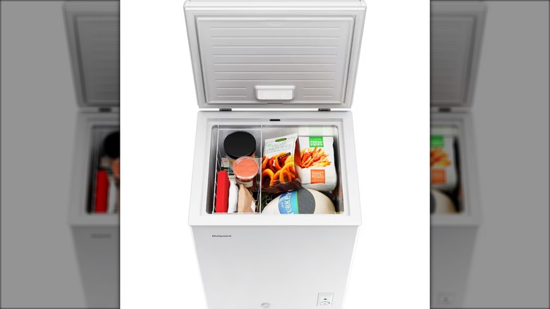 Hotpoint defrost chest freezer opened with food inside