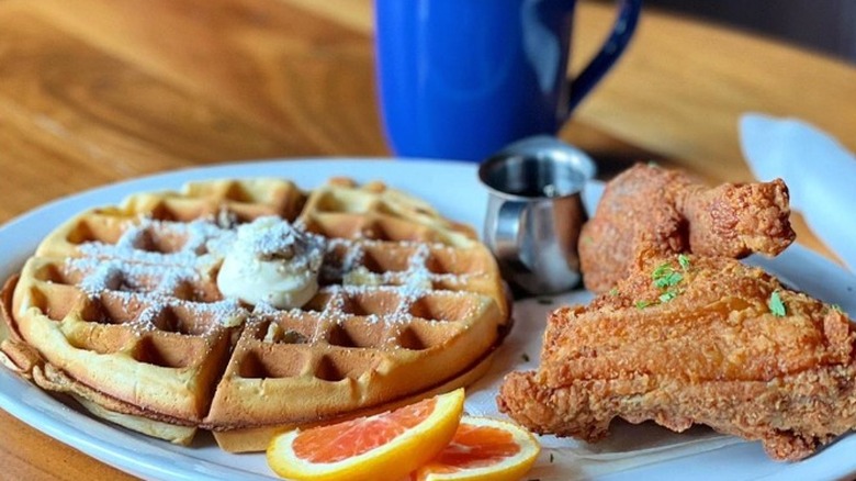 Chicken and waffles with grapefruit