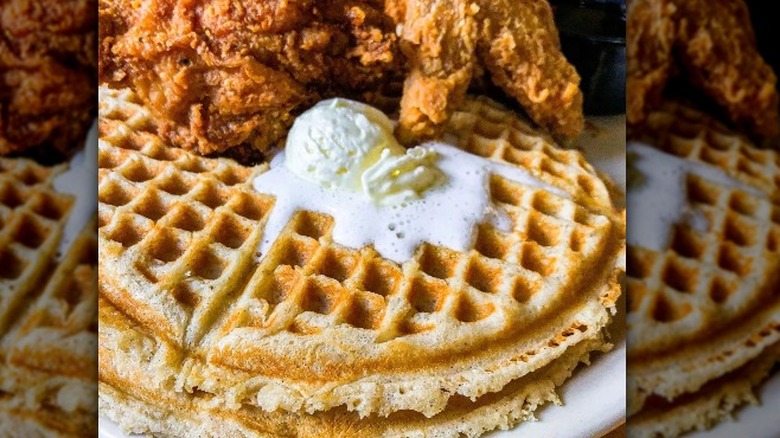 Chicken and waffles with butter