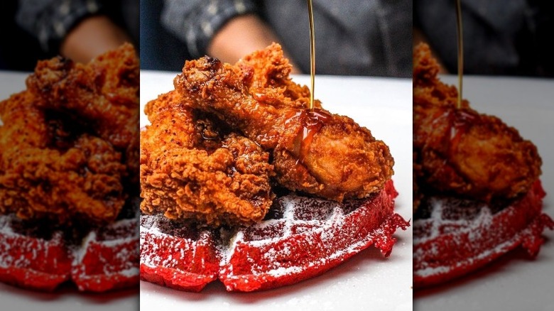 Red velvet chicken and waffles